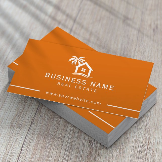 Real Estate Agent Beach House Logo Orange Business Card (Creator Uploaded)