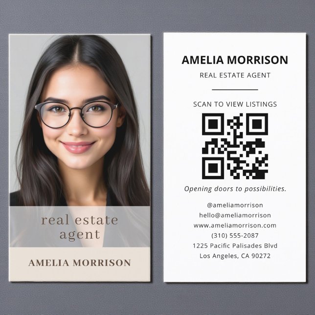 Real Estate Agent Beige Mocha QR Code Photo  Business Card (Creator Uploaded)