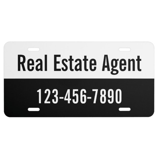 Real Estate Agent Black and White Phone Number License Plate (Front)