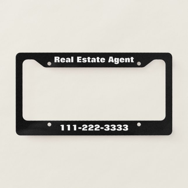 Real Estate Agent Black and White Phone Number License Plate Frame (Front)