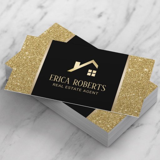 Customizable Real Estate Agent Black &amp; Gold Glitter Custom Logo Business Card