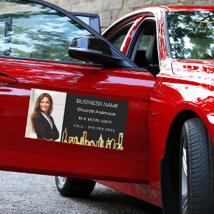 Real estate agent black gold photo city skyline car magnet