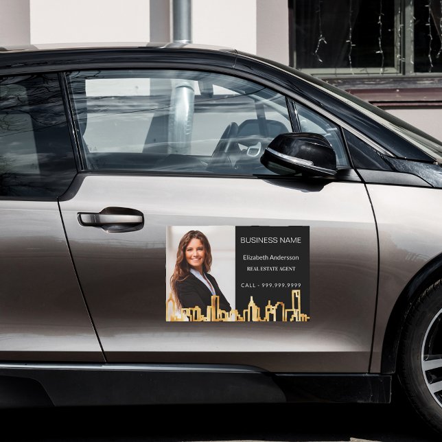 Real estate agent black gold photo city skyline car magnet (Creator Uploaded)