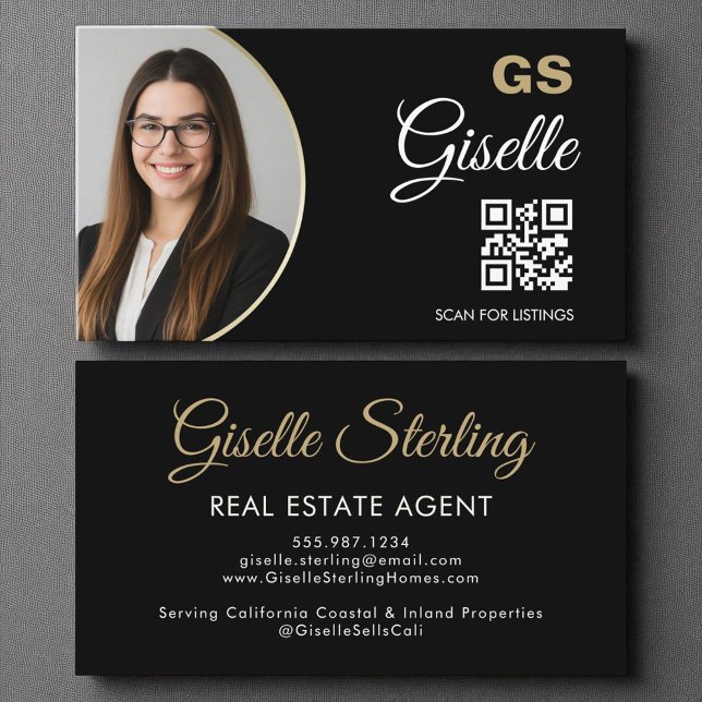 Real Estate Agent Black Gold Photo QR Code  Business Card (Creator Uploaded)