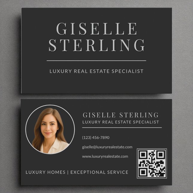 Real Estate Agent Black Silver QR Code Business Card (Creator Uploaded)