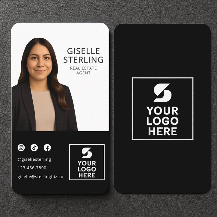 Real Estate Agent Black White Photo Logo Portrait Business Card