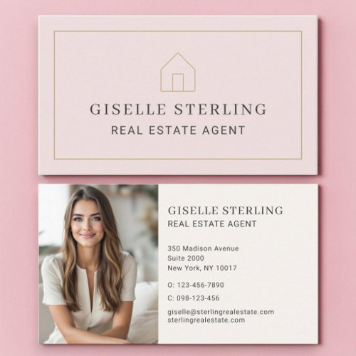 Real Estate Agent Blush Pink Gold House Photo Business Card