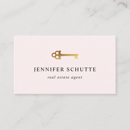 Real Estate Agent Blush Pink Gold Key Luxe Modern Business Card