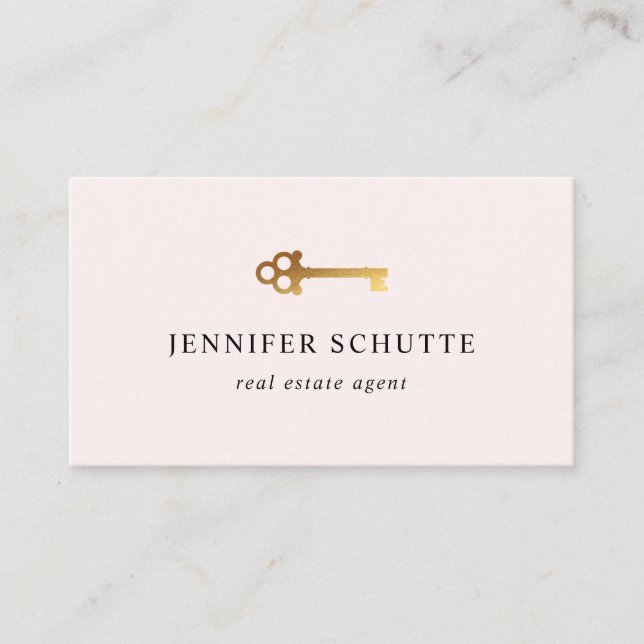 Real Estate Agent Blush Pink Gold Key Luxe Modern Business Card (Front)