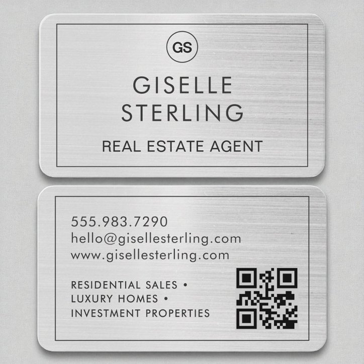 Real Estate Agent Brushed Silver Monogram QR Code Business Card