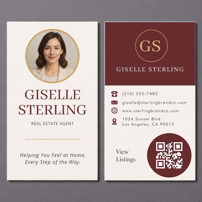 Real Estate Agent Burgundy Gold Photo QR Code Business Card (Creator Uploaded)
