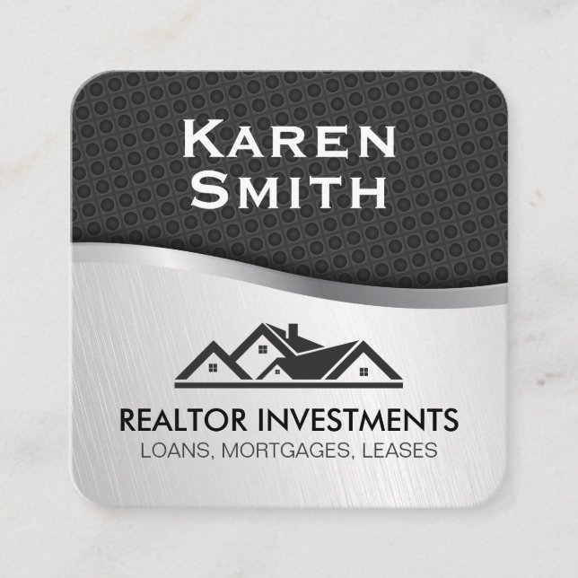 Real Estate Agent Carbon Fiber Metallic Square Business Card (Front)