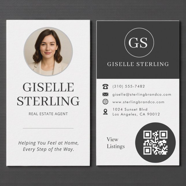 Real Estate Agent Charcoal Grey Photo QR Code Business Card (Creator Uploaded)