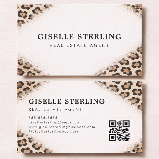 Real Estate Agent Cheetah Leopard Print QR Code Business Card (Creator Uploaded)