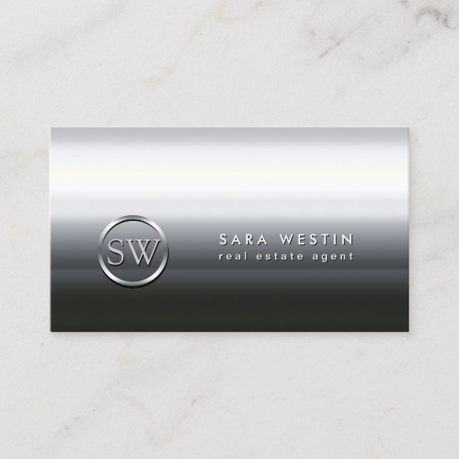 Real Estate Agent Chrome Monogram Business Card (Front)