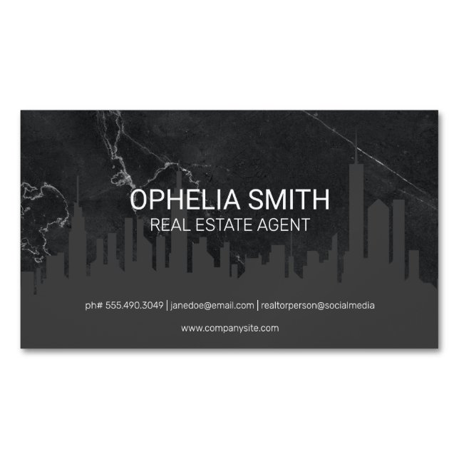 Real Estate Agent Cityscape Marble Business Card Magnet (Front)