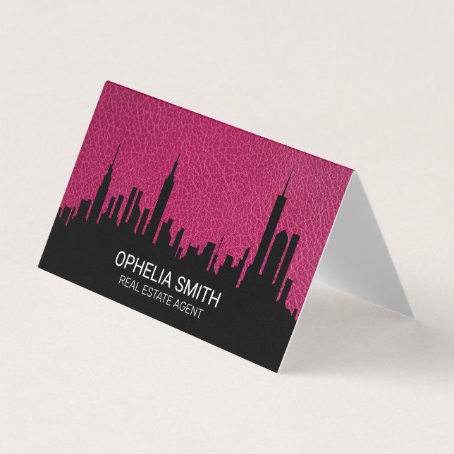 Real Estate Agent Cityscape | Pink Leather Business Card (Front)