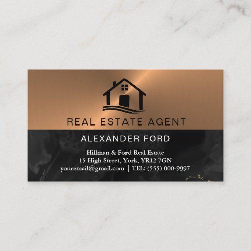 Real Estate Agent copper Metallic Gold Marble  Business Card