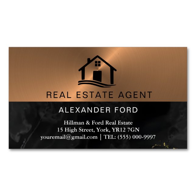 Real Estate Agent copper Metallic Gold Marble  Business Card Magnet (Front)