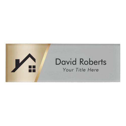 Real Estate Agent Custom Logo Modern Gold  Grey Name Tag