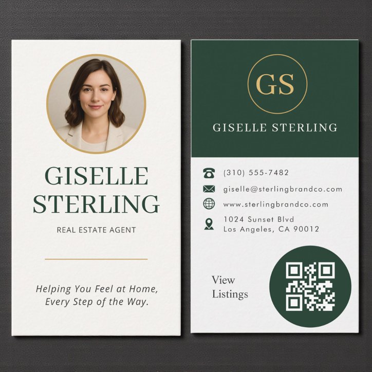 Real Estate Agent Dark Green Gold Photo QR Code Business Card