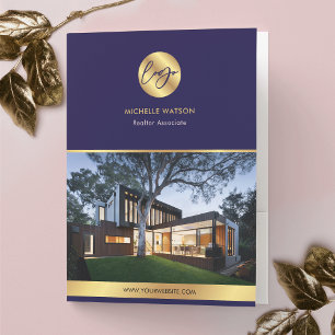 Real Estate Agent Elegant Navy & Gold Logo Photo Pocket Folder