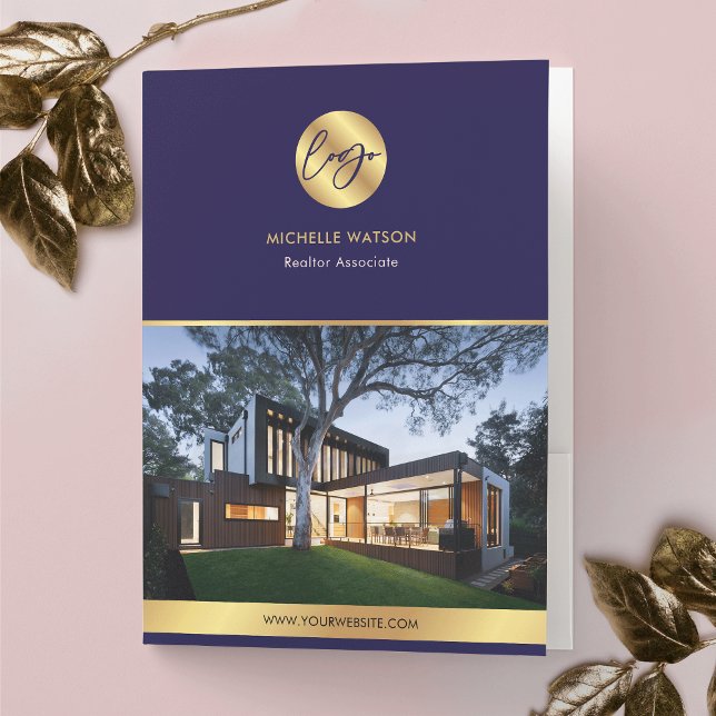 Real Estate Agent Elegant Navy & Gold Logo Photo Pocket Folder (Navy and gold business marketing pocket folder with your logo and space for 2 photos)