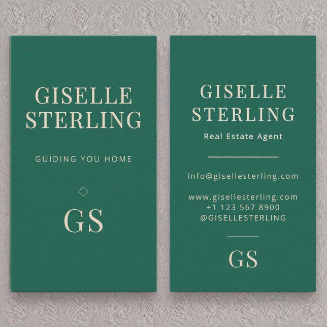 Real Estate Agent Emerald Green Monogram Modern Business Card (Creator Uploaded)