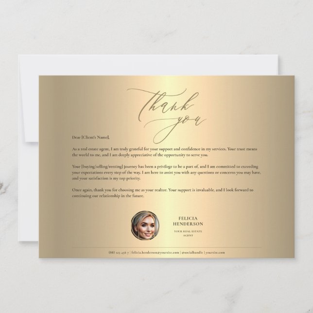 Real Estate Agent Gold Grateful Appreciation Thank You Card (Front)
