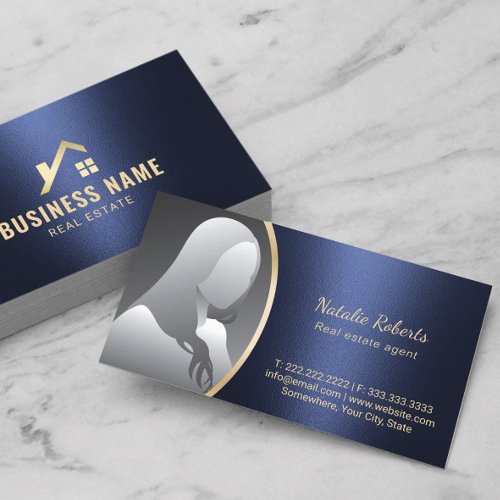 Real Estate Agent Gold House Logo Navy Blue Photo Business Card