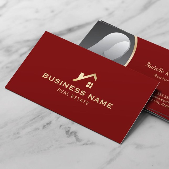Real Estate Agent Gold House Realtor Red Photo Business Card (Creator Uploaded)