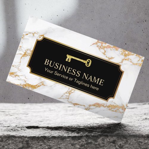 Real Estate Agent Gold Key Logo Modern Marble Business Card