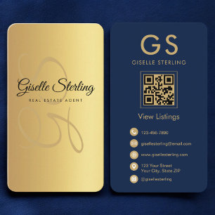 Real Estate Agent Gold Navy Blue QR Code Monogram Business Card