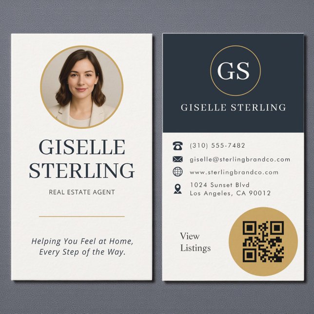 Real Estate Agent Gold & Navy Photo QR Code Modern Business Card (Creator Uploaded)