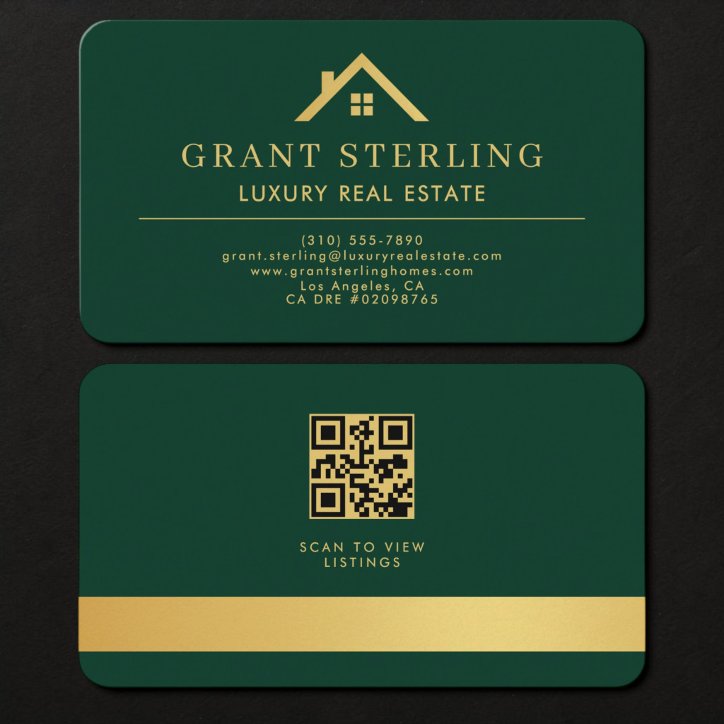 Real Estate Agent Green Gold QR Code Business Card