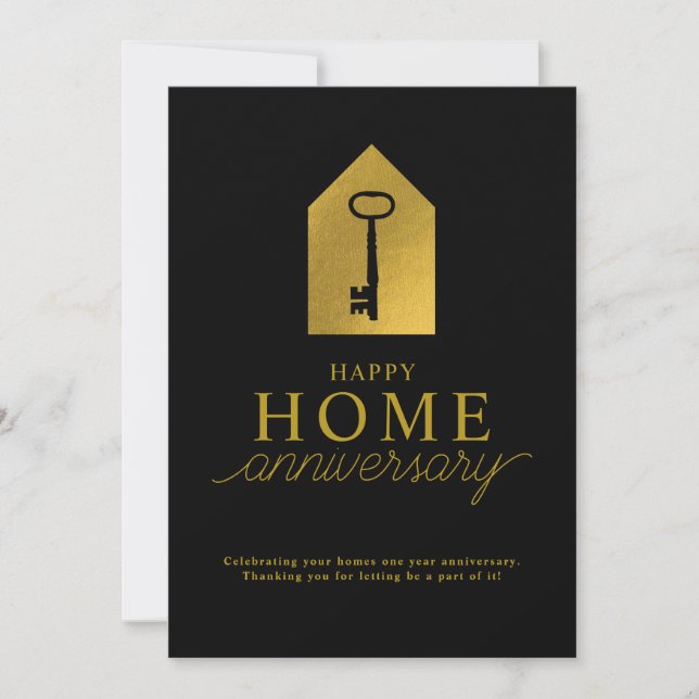 Real Estate Agent Happy Home Anniversary Gold Key Note Card (Front)
