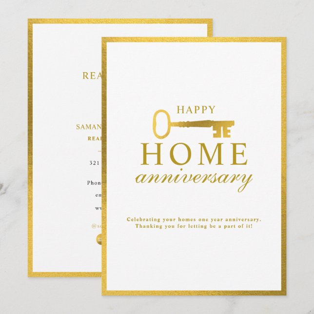Real Estate Agent Happy Home Anniversary Gold Key Note Card (Front/Back)