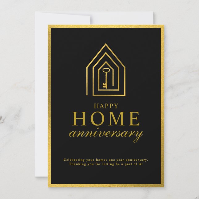 Real Estate Agent Happy Home Anniversary Gold Key Note Card (Front)