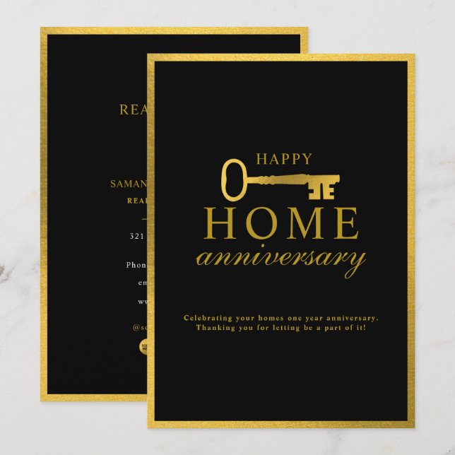 Real Estate Agent Happy Home Anniversary Gold Key Note Card (Front/Back)