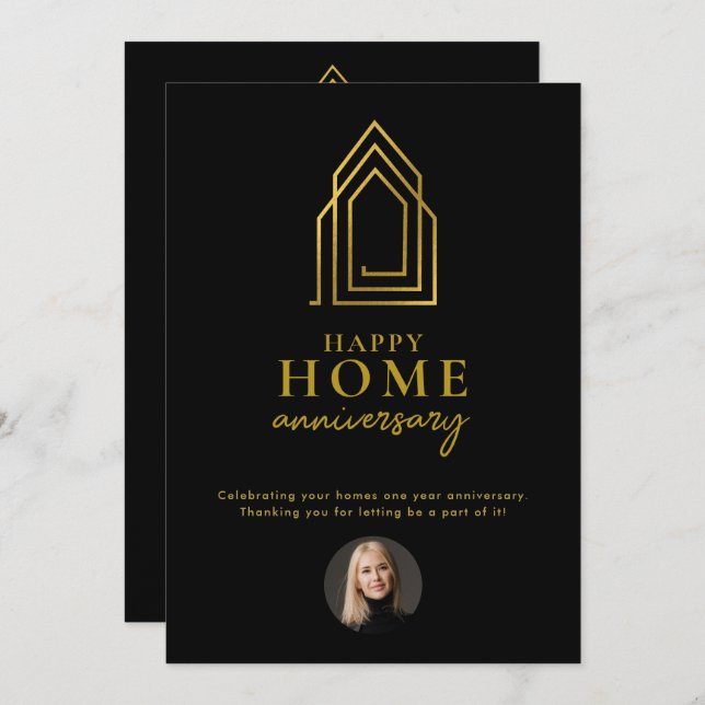Real Estate Agent Happy Home Anniversary Gold Note Card (Front/Back)