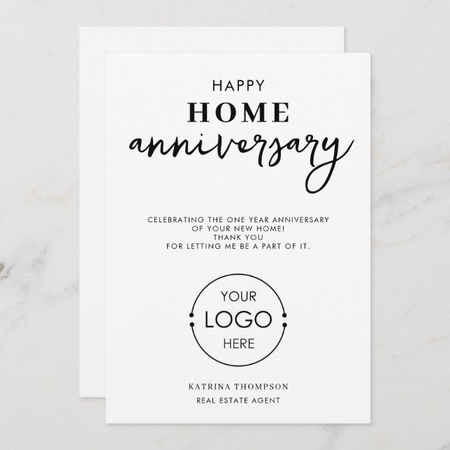 Real Estate Agent Happy Home Anniversary Logo Thank You Card (Front/Back)