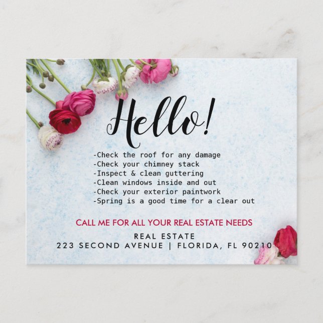 Real Estate Agent HELLO Spring checklist Announcement Postcard (Front)