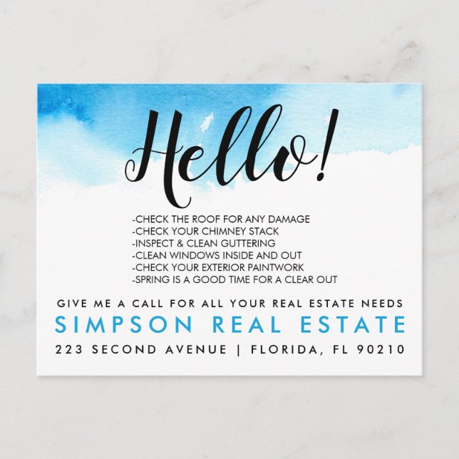 Real Estate Agent HELLO Spring checklist Announcement Postcard (Front)