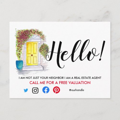 Real Estate Agent HELLO yellow front door selling Announcement Postcard
