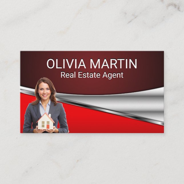 Real Estate Agent Holding House | Red Metallic Business Card (Front)