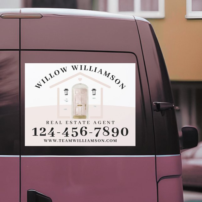Real Estate Agent House & Pink Watercolor Door Car Magnet (Real Estate Agent House & Pink Watercolor Door Car Magnet)