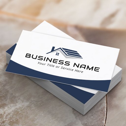 Customizable Real Estate Agent House Roof Logo Modern Navy Blue Business Card