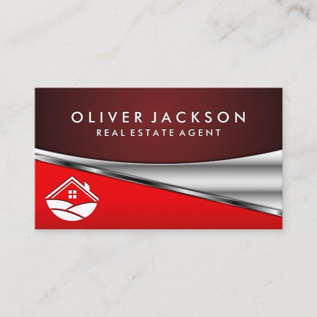 Real Estate Agent Icon | Homes | Red Metallic Business Card (Front)