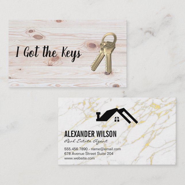 Real Estate Agent | Keys | Wood and Marble Business Card (Front/Back)