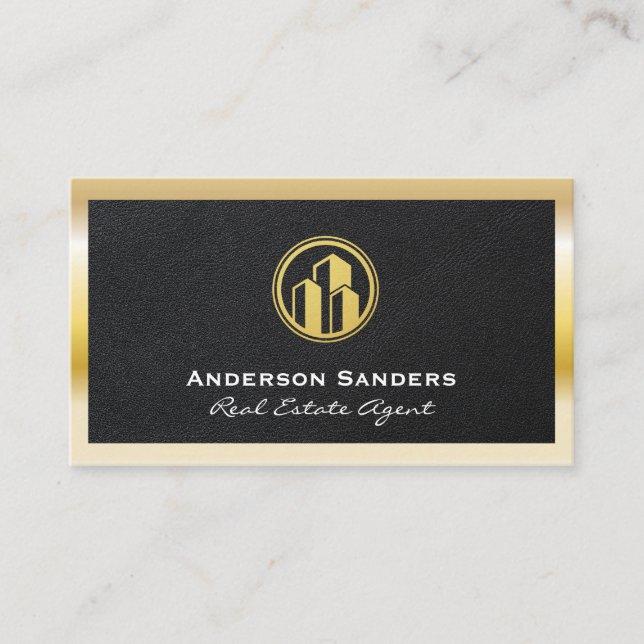 Real Estate Agent | Leather | Gold Metallic Frame Business Card (Front)